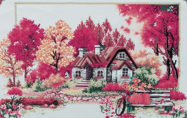«Осень в деревне», картина для вышивки лентой, 50x65 см