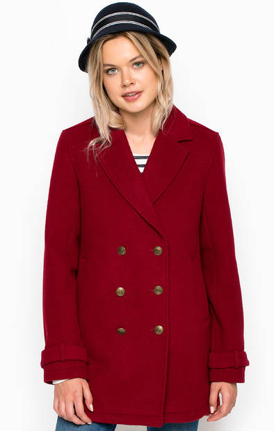 Бордовое пальто из шерсти и полиэстера